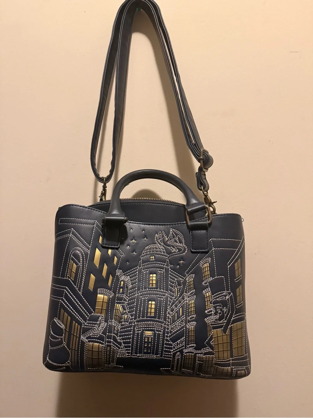 Loungefly Black Satchel with Gold Cityscape Embroidery